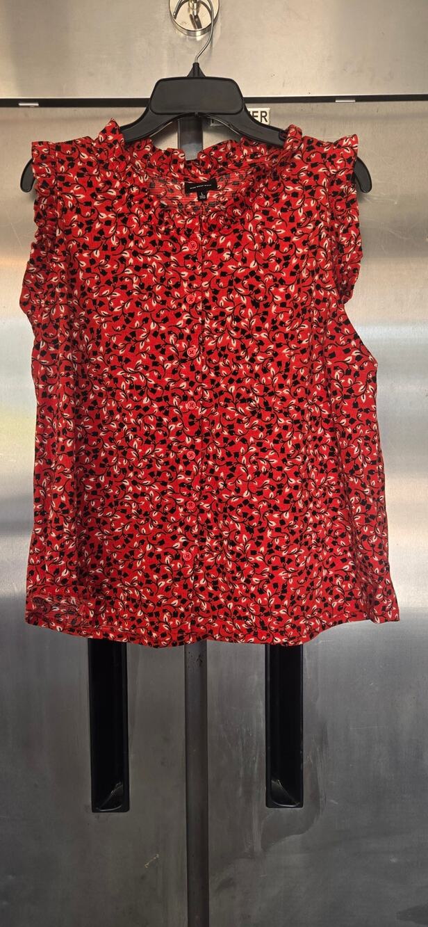 Who What Wear Womens Floral Top Large Red Black Ruffle Neck Cap Sleeve Blouse